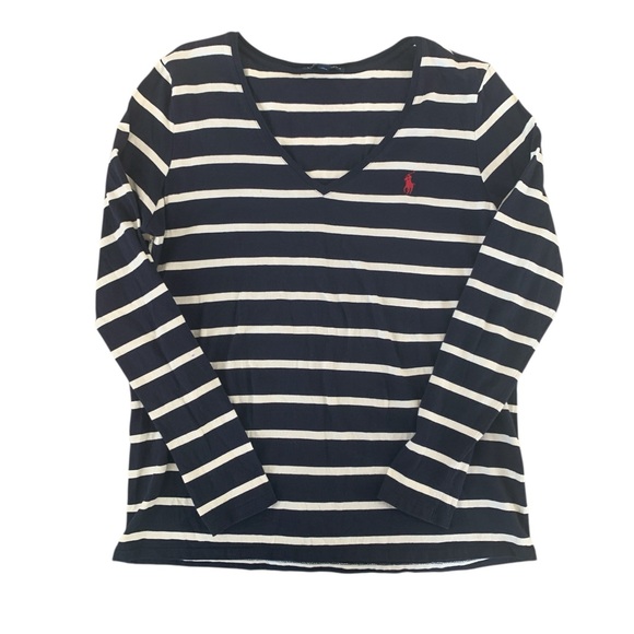Polo Ralph Lauren Tops - Polo Ralph Lauren Navy & White Striped V-Neck Long Sleeve Top XL